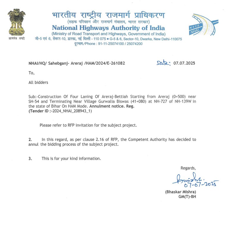 NHAI Cancels ₹1,050 Cr Areraj–Bettiah Four-Lane Road Project - BiharInfraTales Nhai